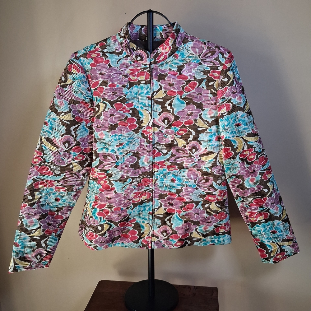 Silk Land Women's Floral Quilted Full Zip Long Sleeve Blazer Jacket; Size M
